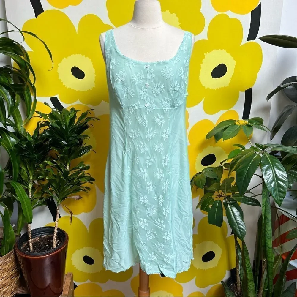 Dreamy 1950s Mint Green Satin Lace Embroidered Slip Lingerie Nightgown - Picture 2 of 9